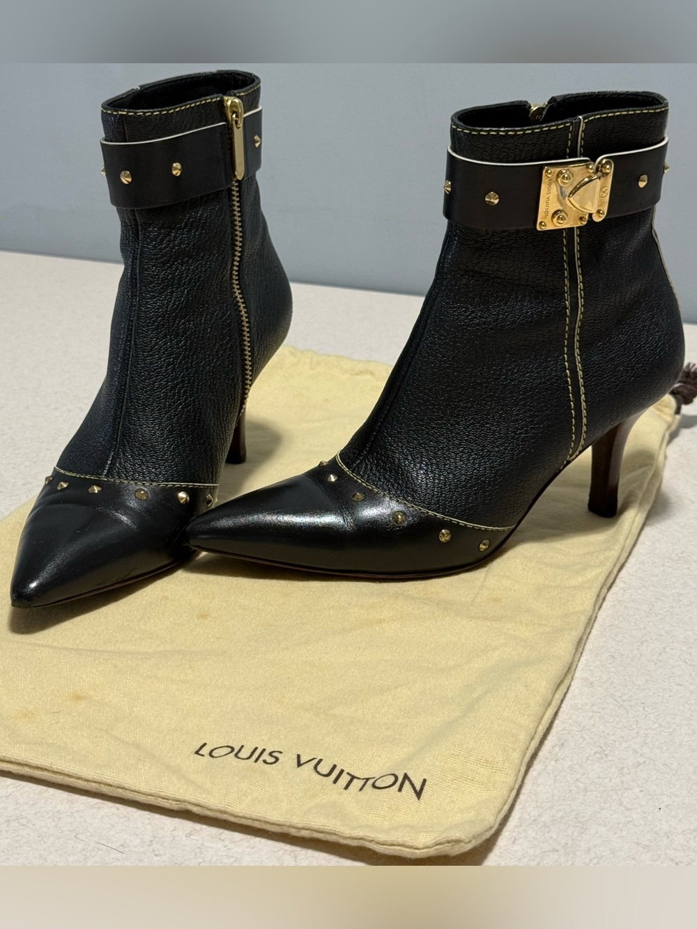 Louis Vuitton Black Suhali Leather Stud Pointed Ankle Boots